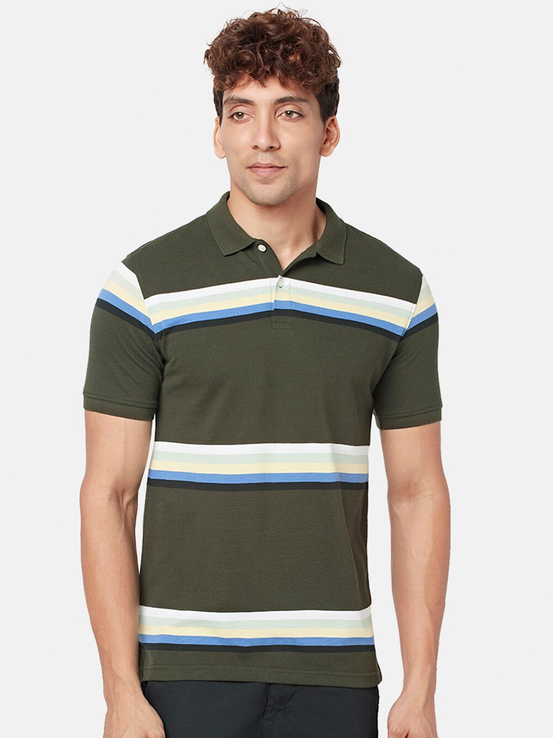 

BYFORD by Pantaloons Striped Short Sleeve Polo Collar Slim Fit T-shirt, Olive