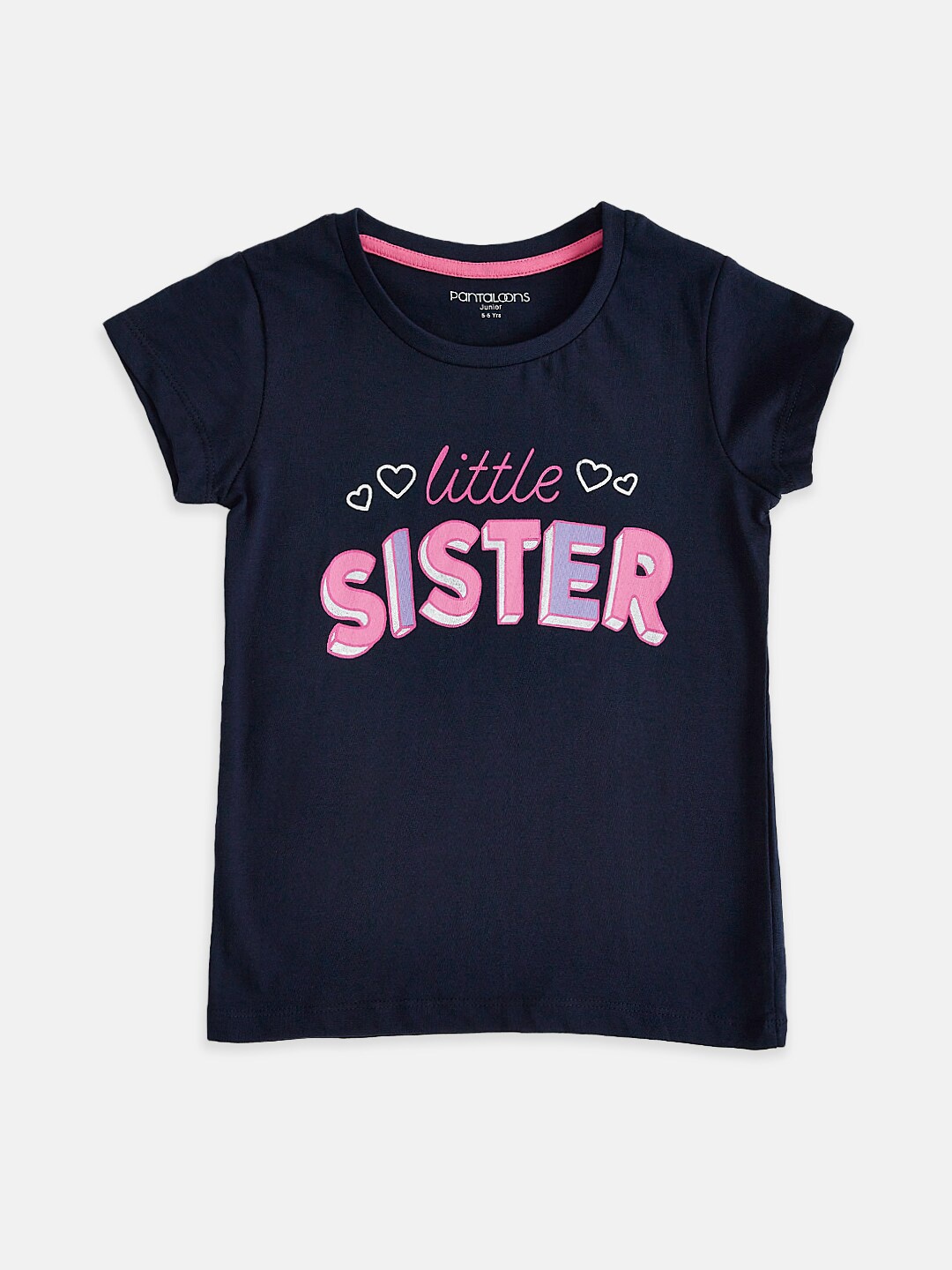 Pantaloons Junior Girls Typography Printed Cotton T-shirt, Navy blue