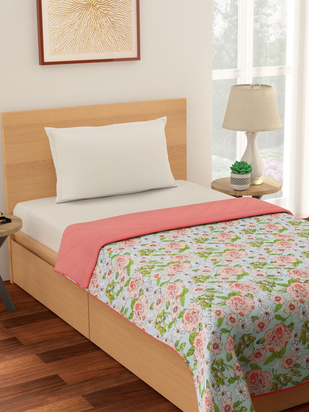 

Living scapes by Pantaloons Blue & Pink Floral Mild Winter Single Bed Quilt