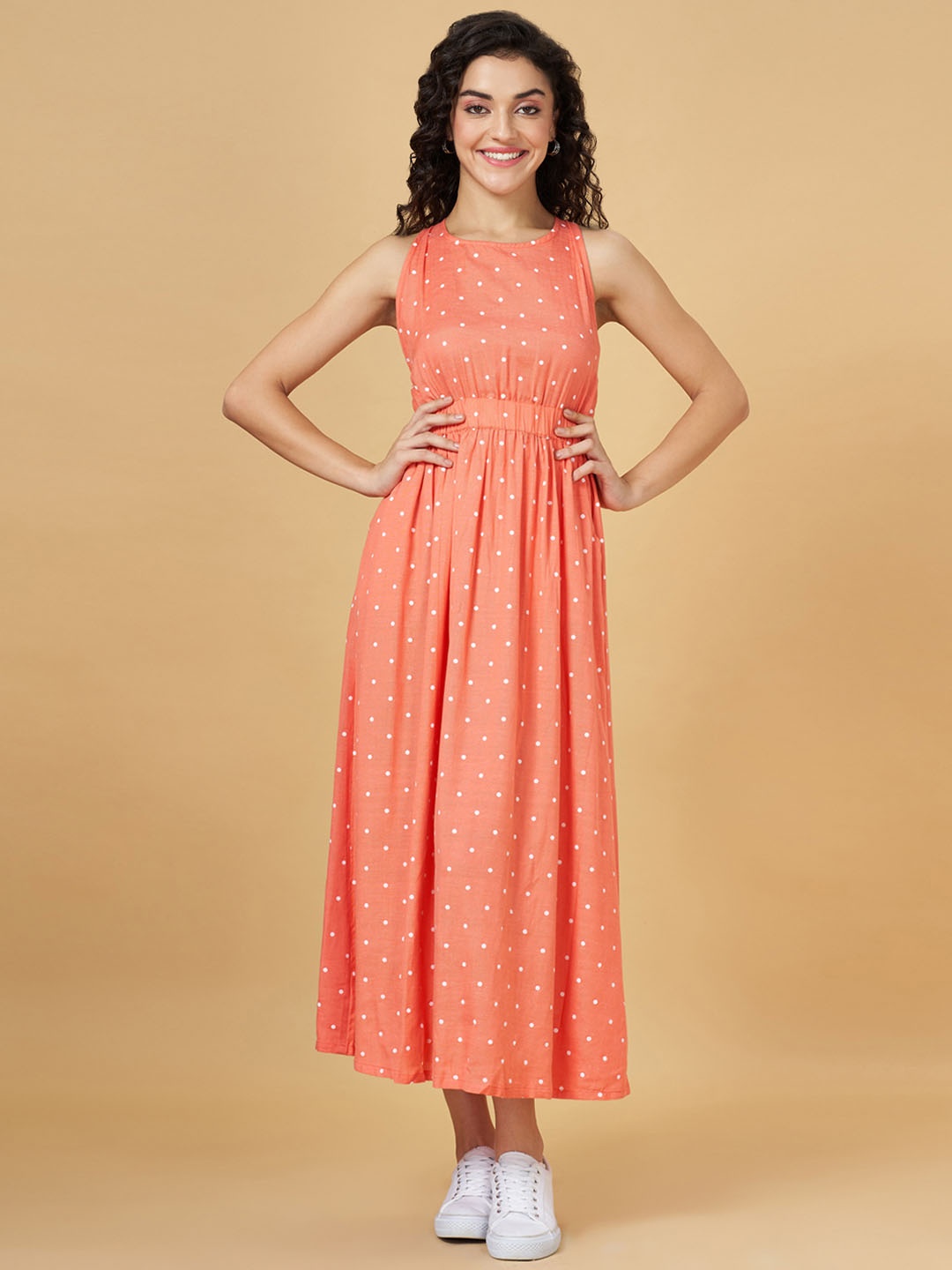 

YU by Pantaloons Polka Dots Printed Styled Back Maxi Dress, Coral