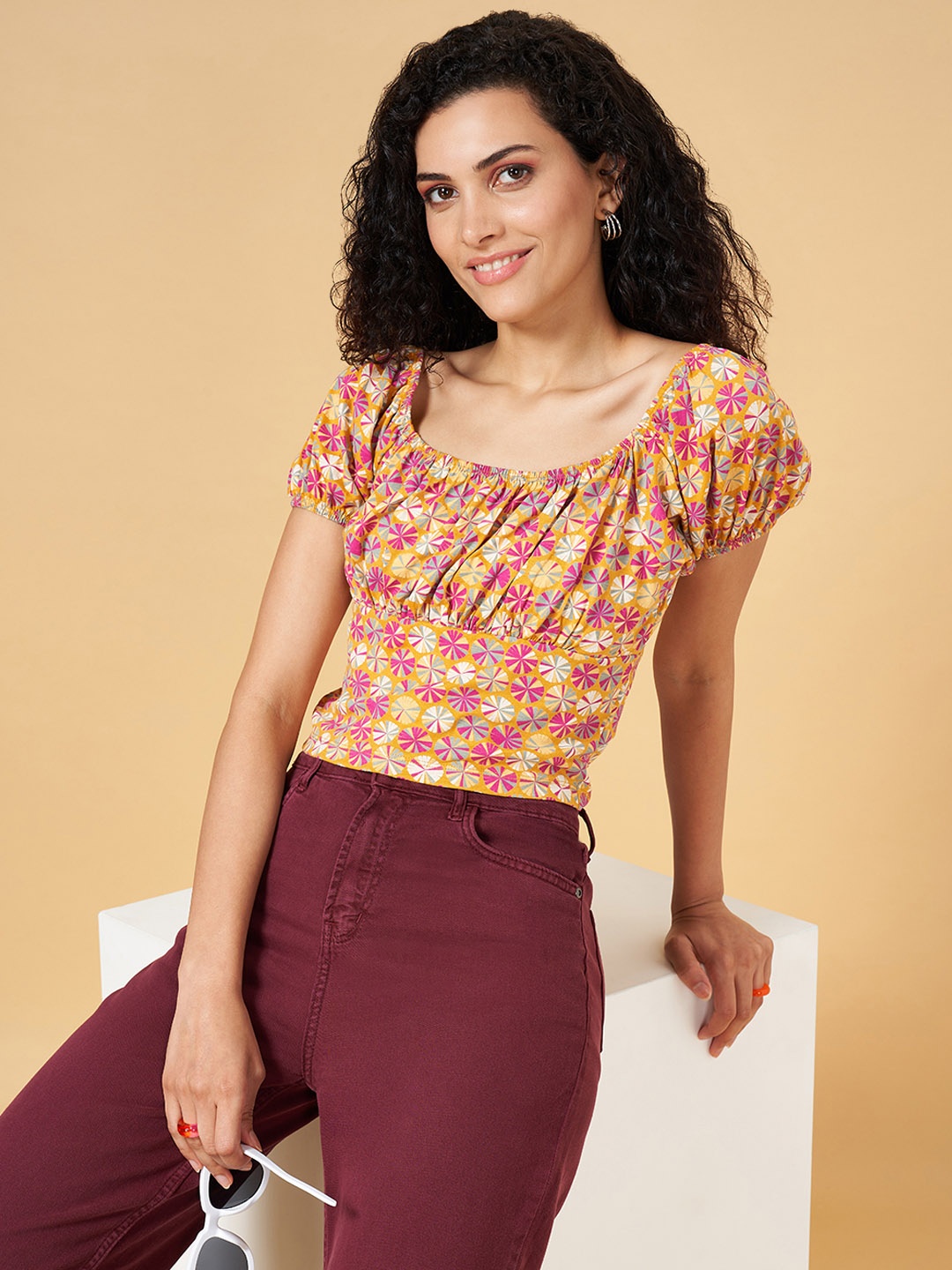 

YU by Pantaloons Geometric Printed Cotton Blouson Top, Mustard