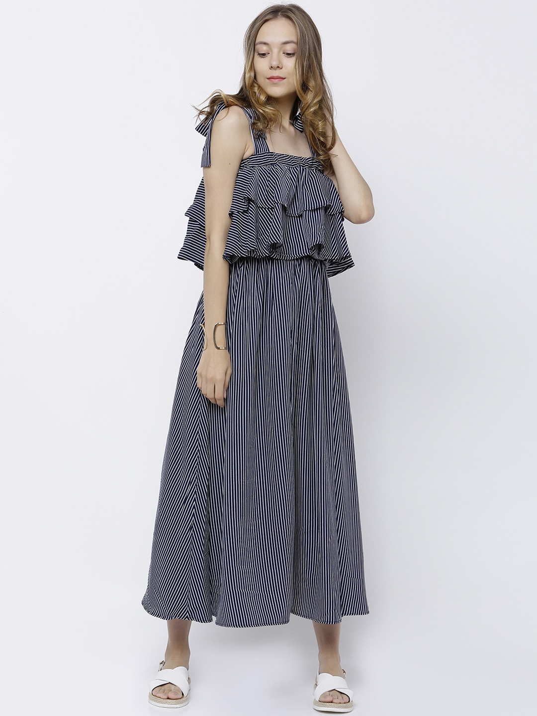 

Tokyo Talkies Women Navy Blue & White Striped Maxi Dress