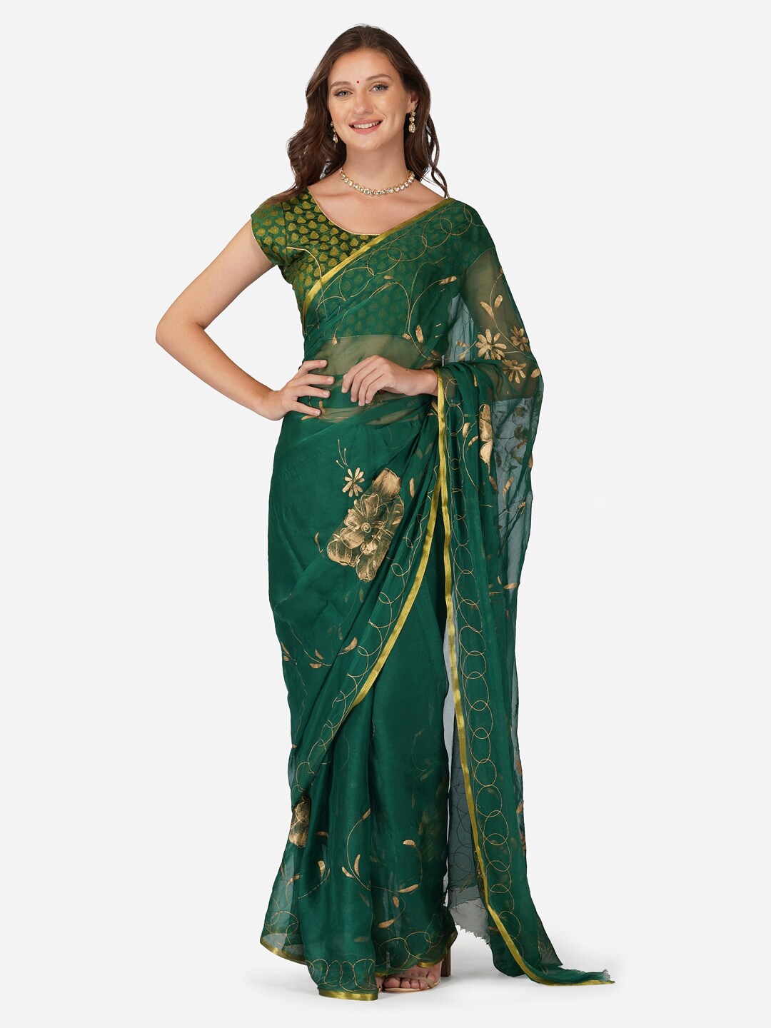 

CLAFOUTIS Floral Zari Pure Chiffon Saree, Green