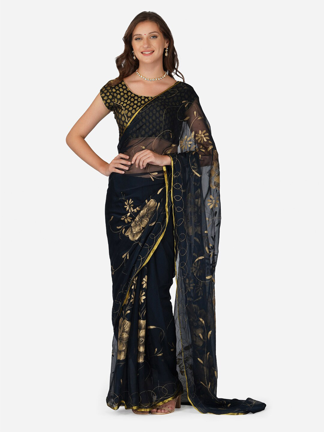 

CLAFOUTIS Floral Pure Chiffon Block Print Saree, Black