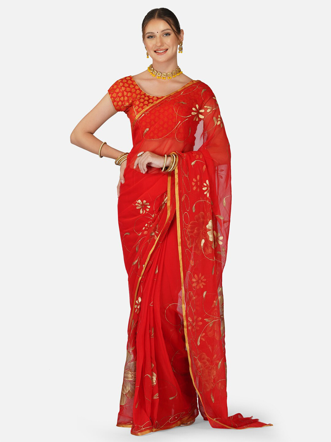 

CLAFOUTIS Floral Block Print Saree, Orange