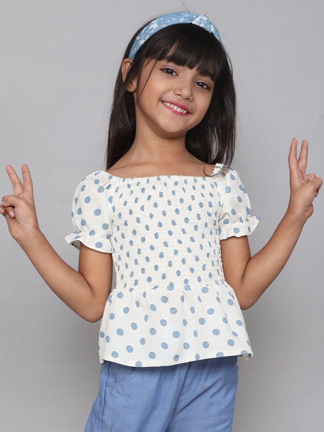 

taffykids Polka Dots Printed Smocked Peplum Cotton Top, White