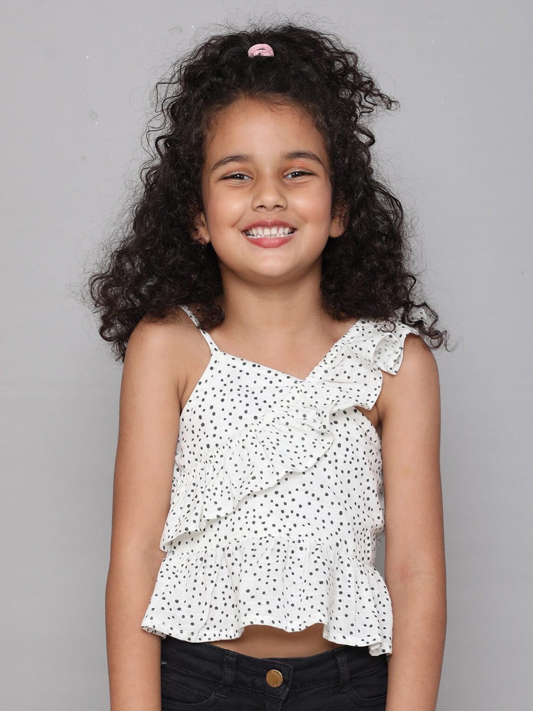 

taffykids Girls Polka Dots Printed Ruffles Cotton Peplum Top, White