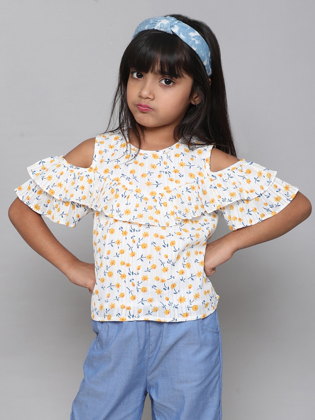 

taffykids Girls Floral Printed Cold-Shoulder Sleeves Ruffles Top, White