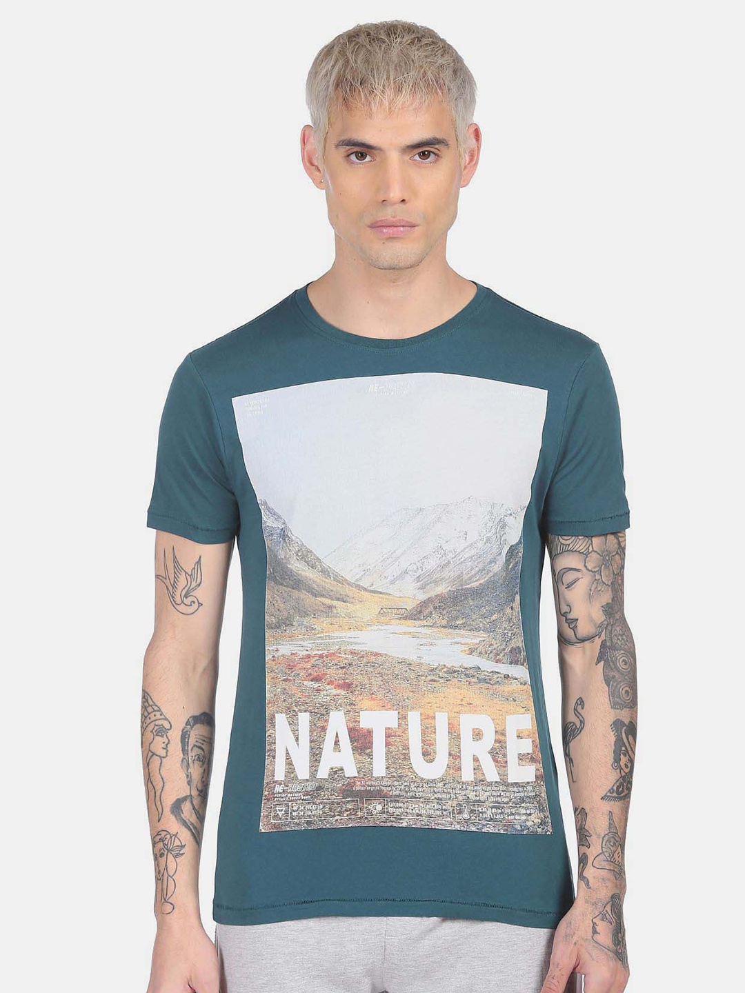 

Flying Machine Graphic Printed Round Neck Pure Cotton T-shirt, Blue