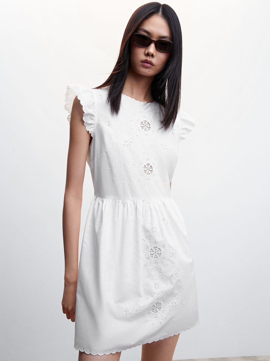 

MANGO Floral Embroidered A-Line Pure Cotton Sustainable Dress, White