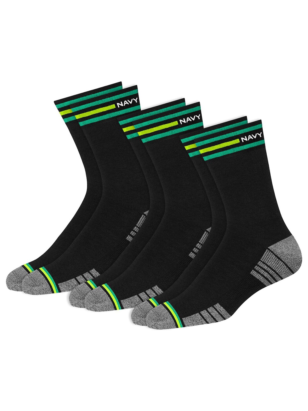 

NAVYSPORT Men Pack Of 3 Patterned Cotton Calf-Length Socks, Black