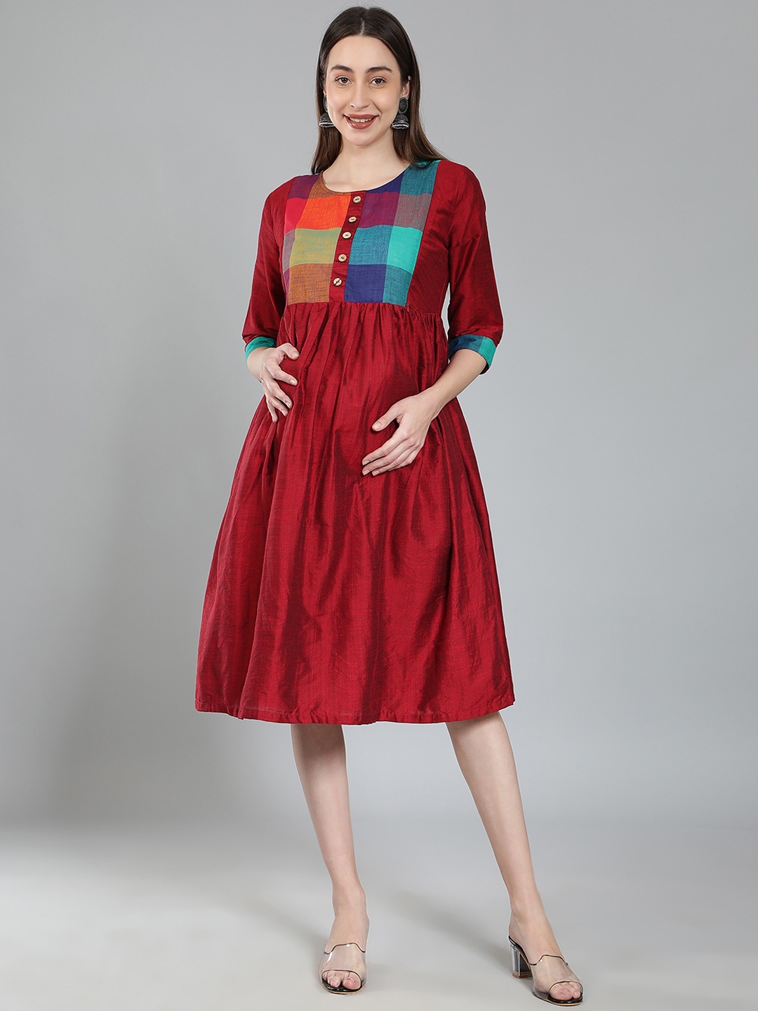 

Cot'N Soft Colourblocked Maternity Fit & Flare Ethnic Dress, Maroon