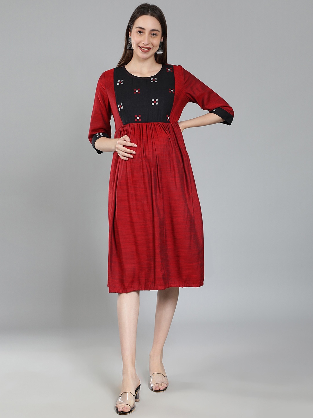 

Cot'N Soft Geometric Printed Maternity Fit & Flare Ethnic Dress, Maroon