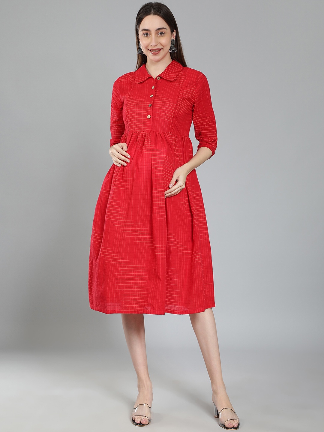 

Cot'N Soft Striped Maternity Cotton Fit & Flare Ethnic Dress, Red