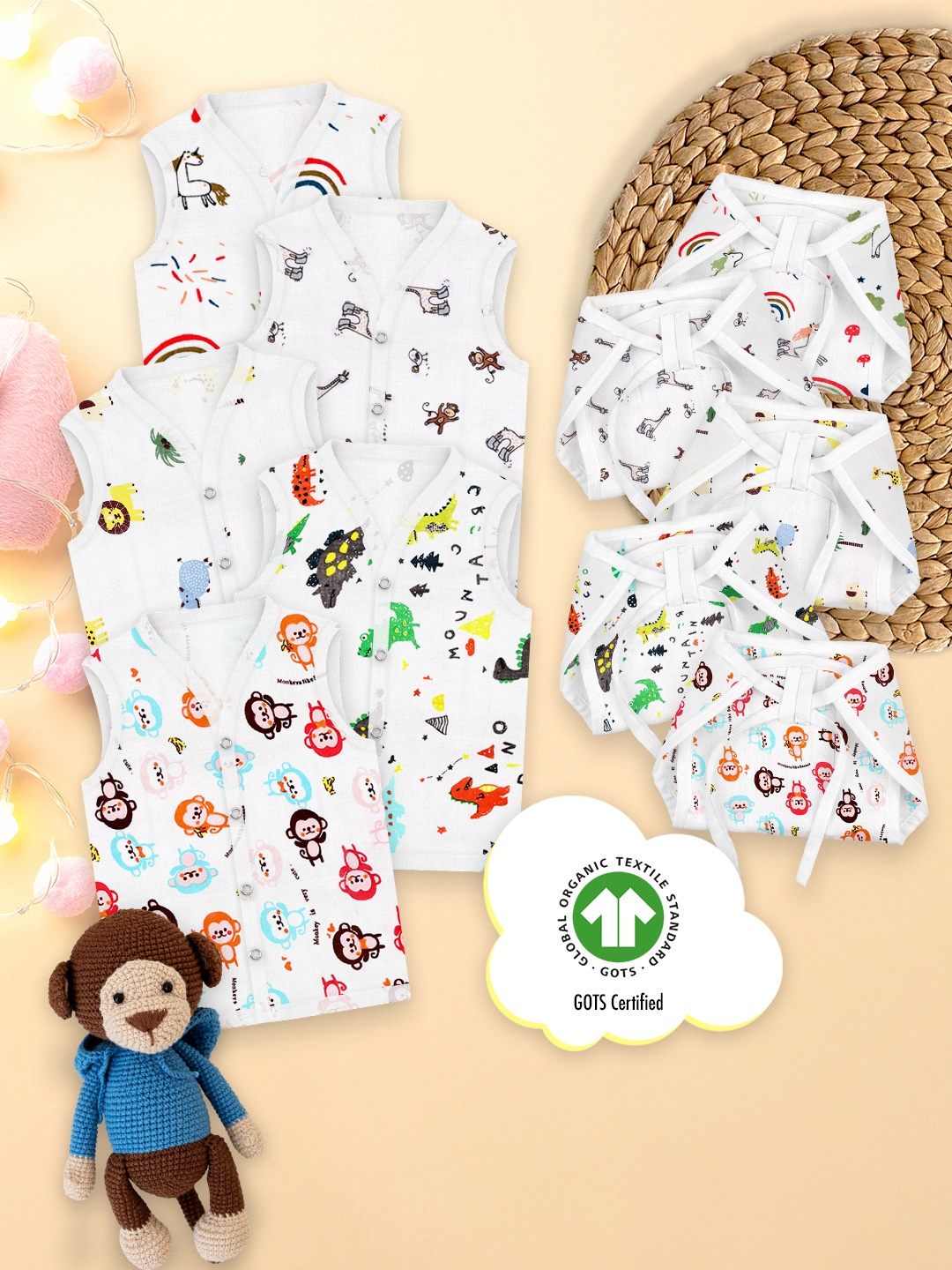 

Moms Home Infants Set Of 5 Printed Organic Muslin Cotton Jhabla With Nappy, White