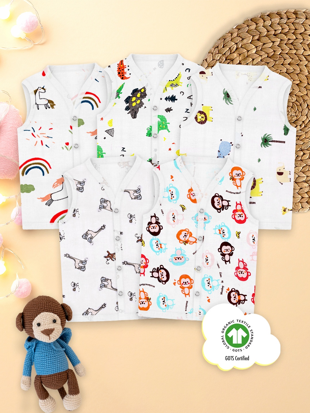 

Moms Home Infants Pack of 5 Printed Organic Cotton Jhablas, White