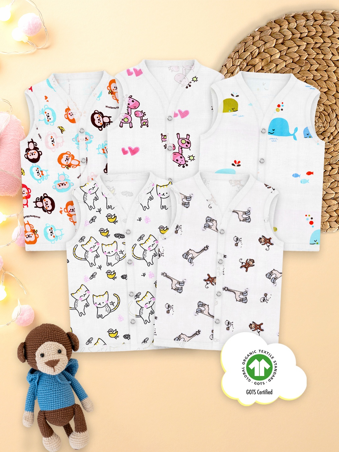 

Moms Home Infants Pack of 5 Printed Organic Cotton Jhablas, White