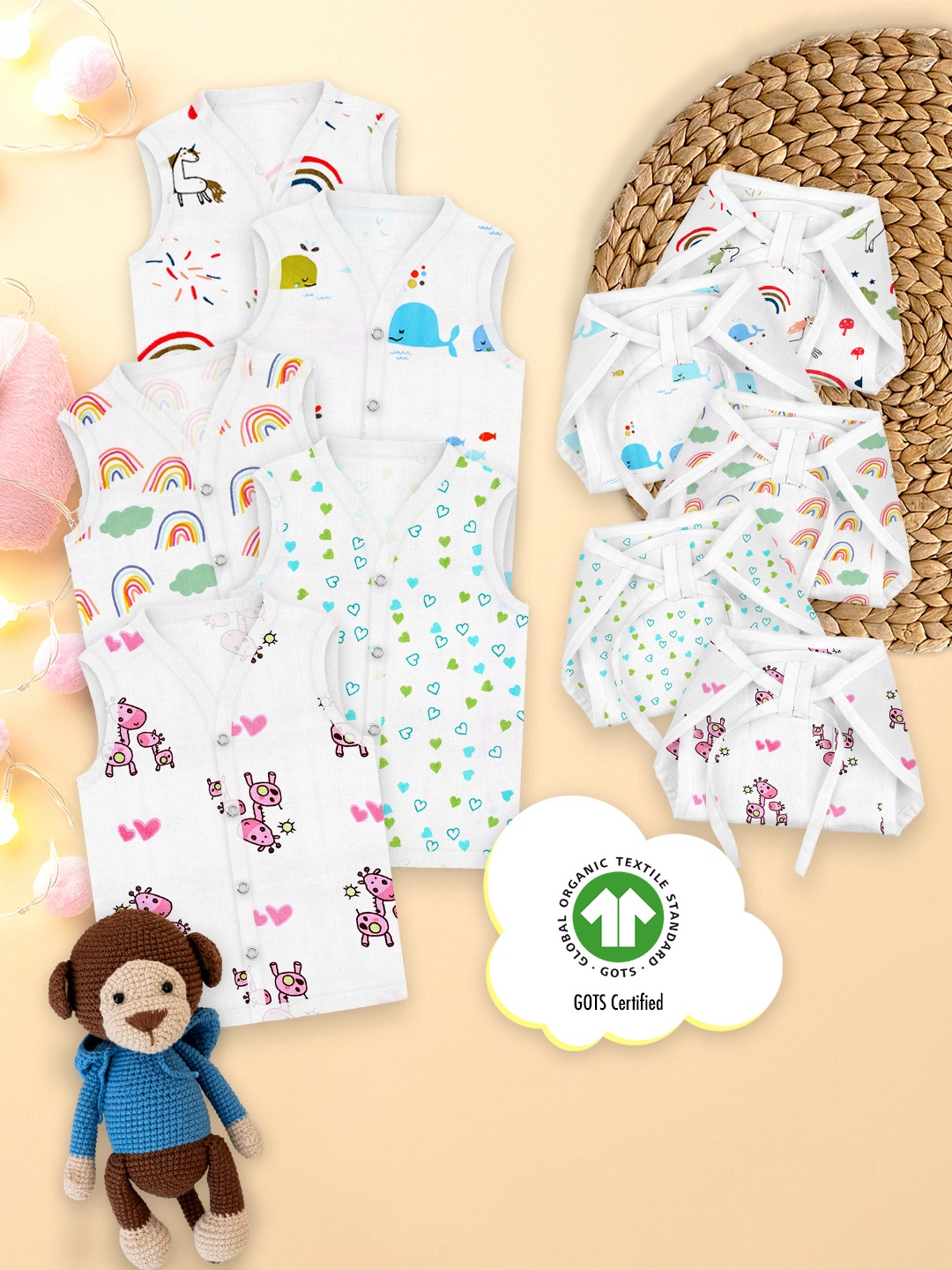 

Moms Home Infants Pack of 5 Printed Organic Cotton Jhablas & Nappy, White