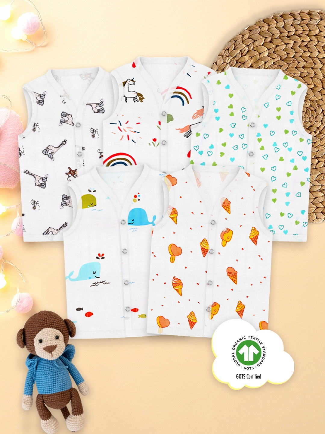 

Moms Home Infant Set Of 5 Printed Organic-Cotton Jhablas, Multi