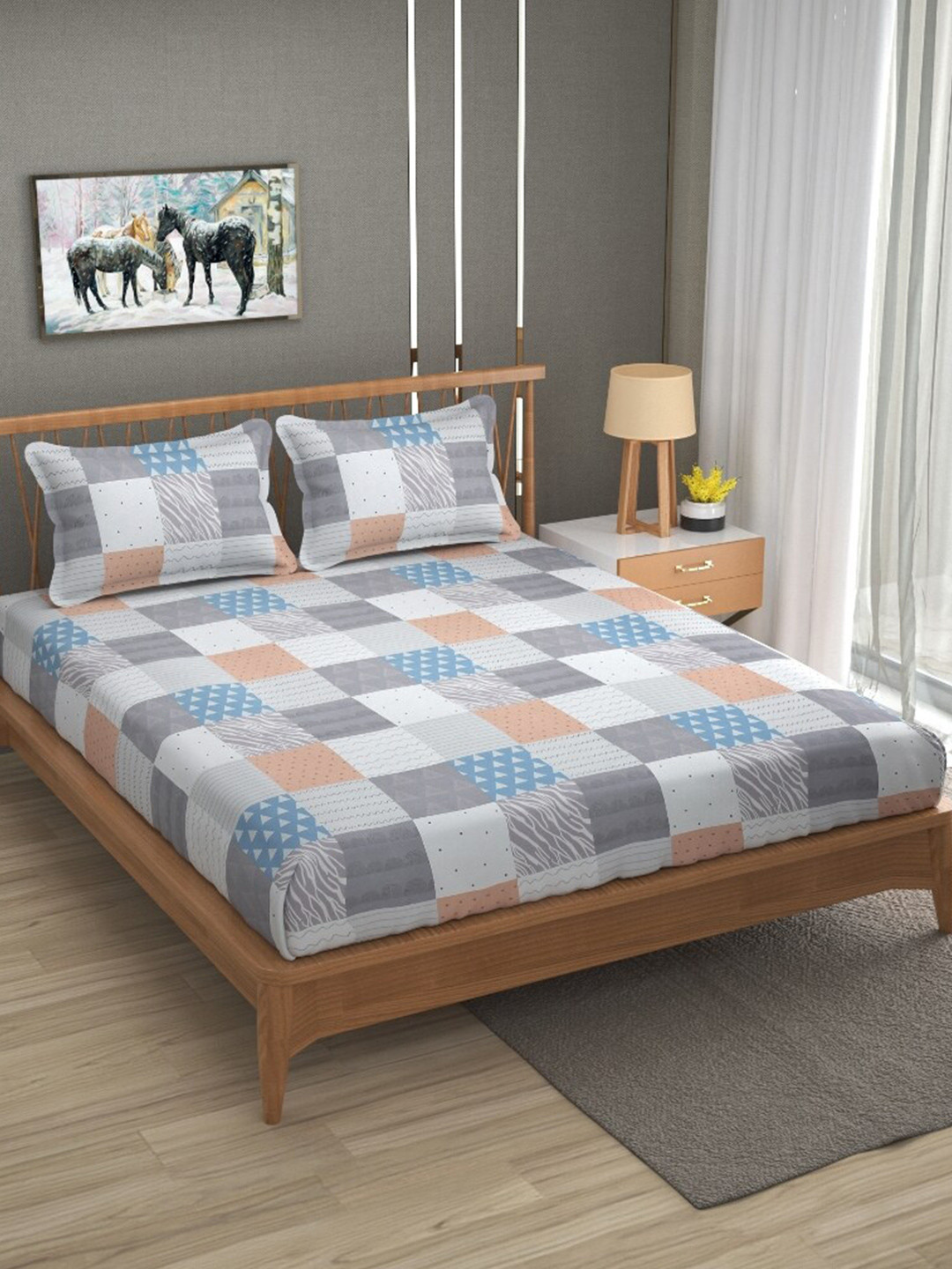 

ATRAENTA White & Grey Geometric 210 TC Fitted Queen Bedsheet with 2 Pillow Covers