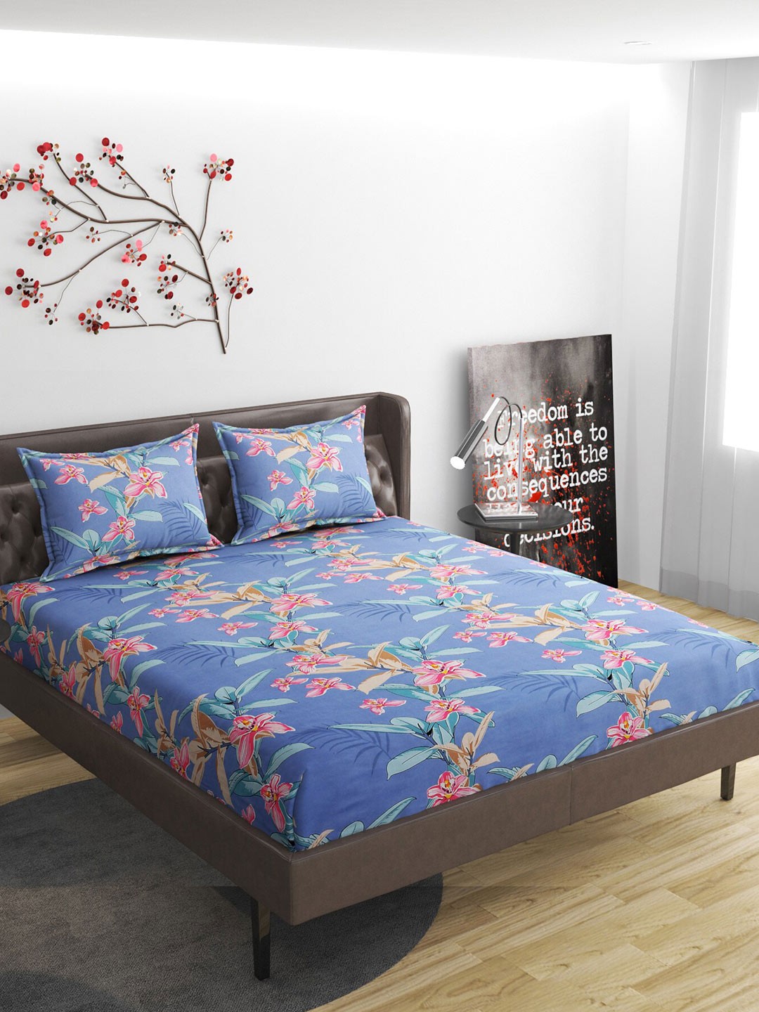 

ATRAENTA Purple & Pink Floral 210 TC Fitted Queen Bedsheet with 2 Pillow Covers