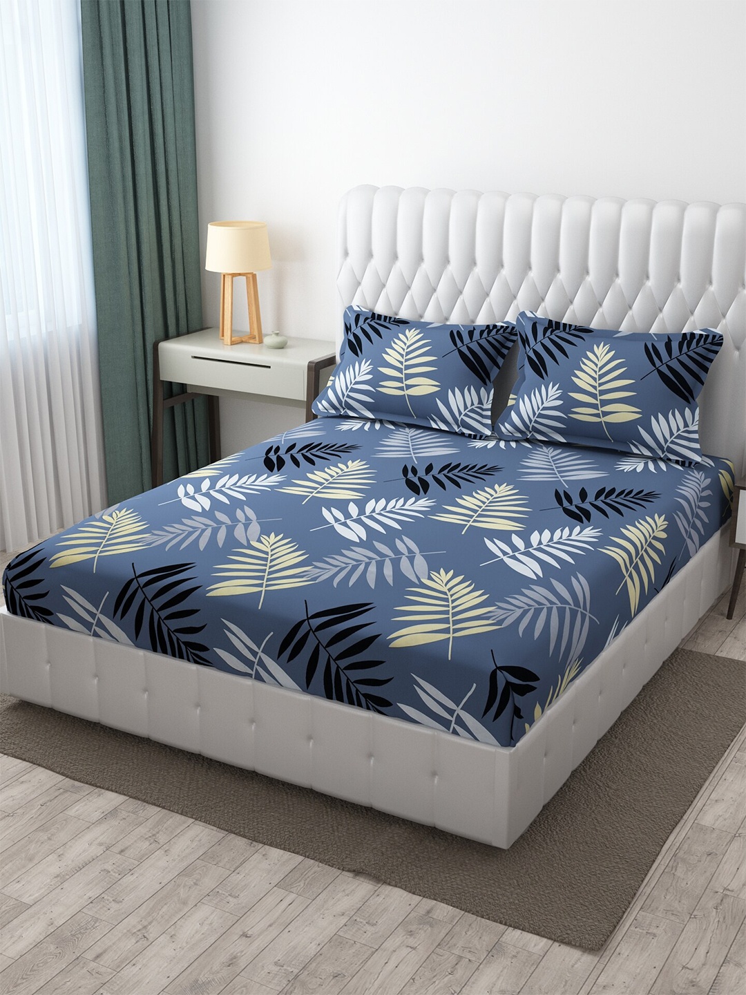 

ATRAENTA Grey & Yellow Floral 210 TC Fitted Queen Bedsheet with 2 Pillow Covers