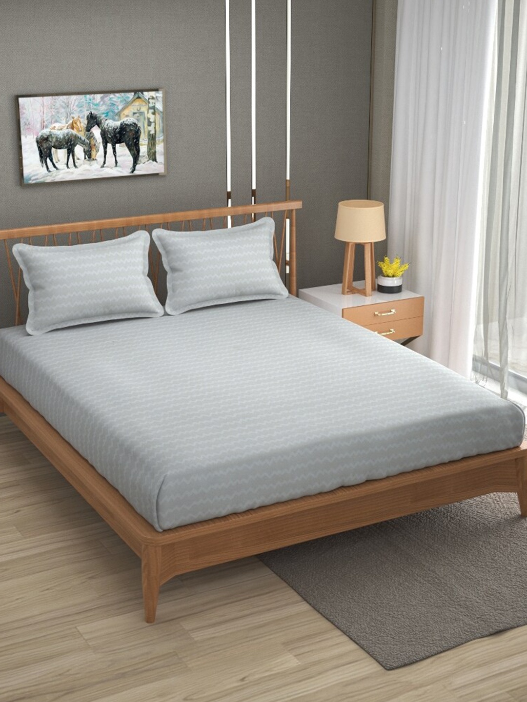 

ATRAENTA Grey & White Striped 210 TC Fitted Queen Bedsheet with 2 Pillow Covers