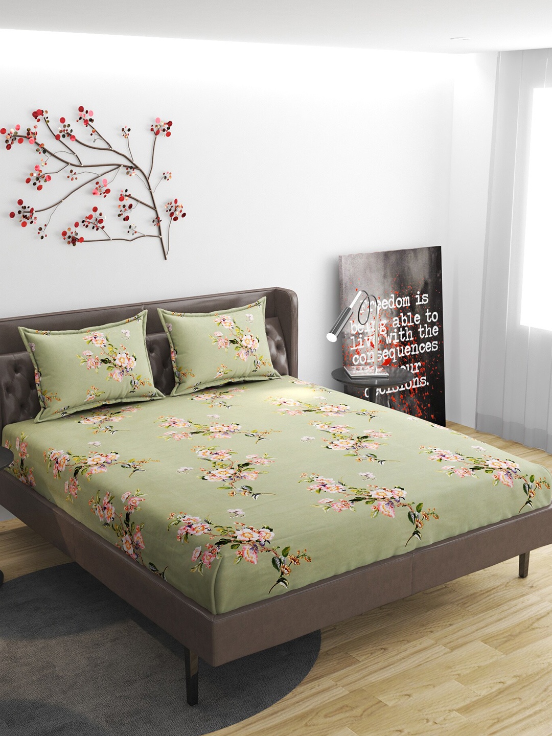 

ATRAENTA Green & Pink Floral 210 TC Fitted Queen Bedsheet with 2 Pillow Covers