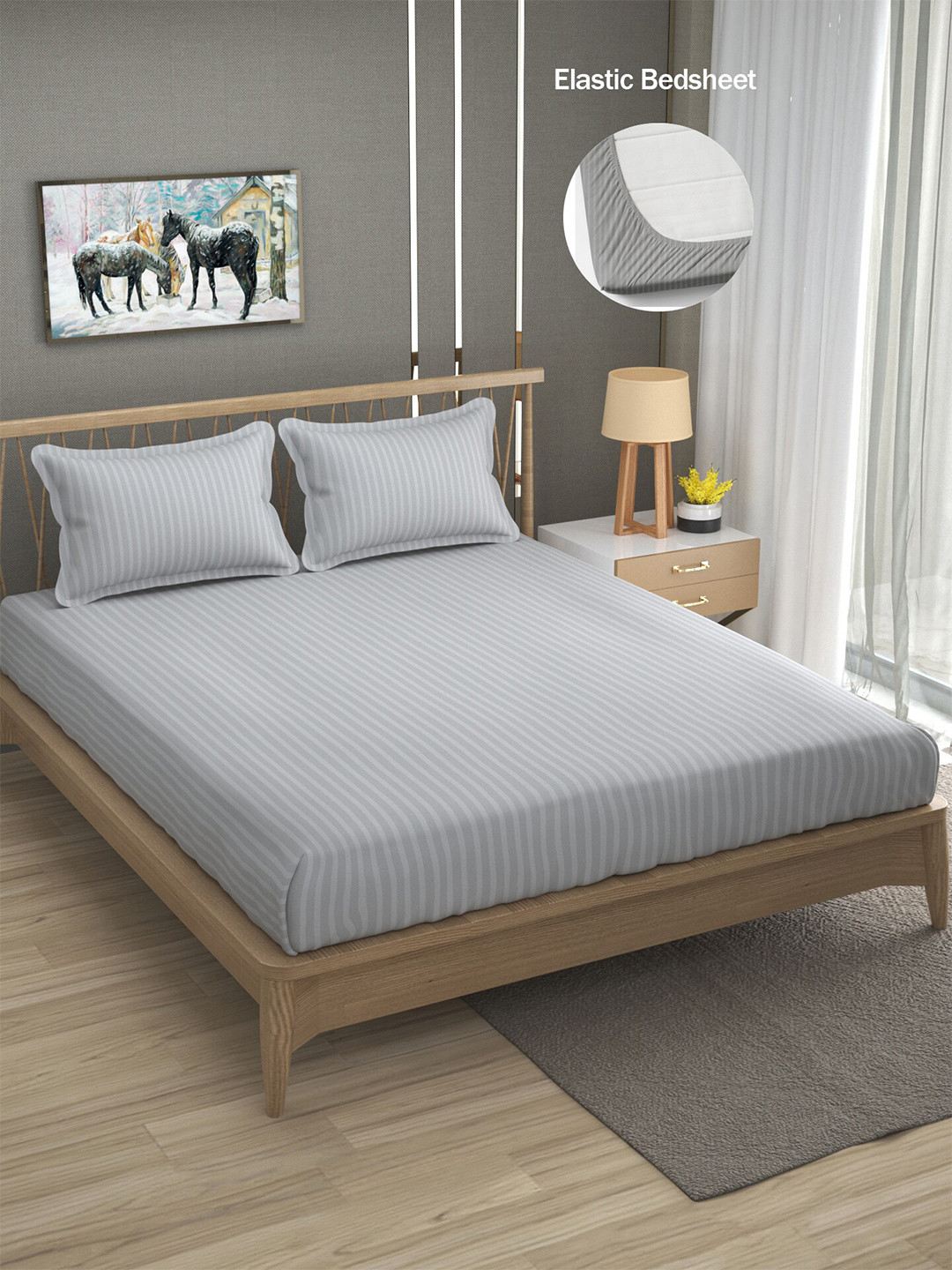 

ATRAENTA Grey & White Striped 210 TC Fitted Queen Bedsheet with 2 Pillow Covers