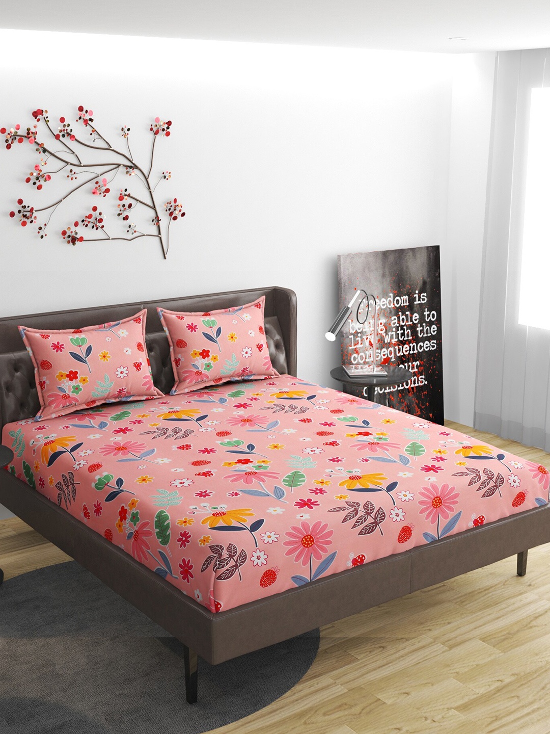 

ATRAENTA Pink & White Floral 210 TC Fitted Queen Bedsheet with 2 Pillow Covers