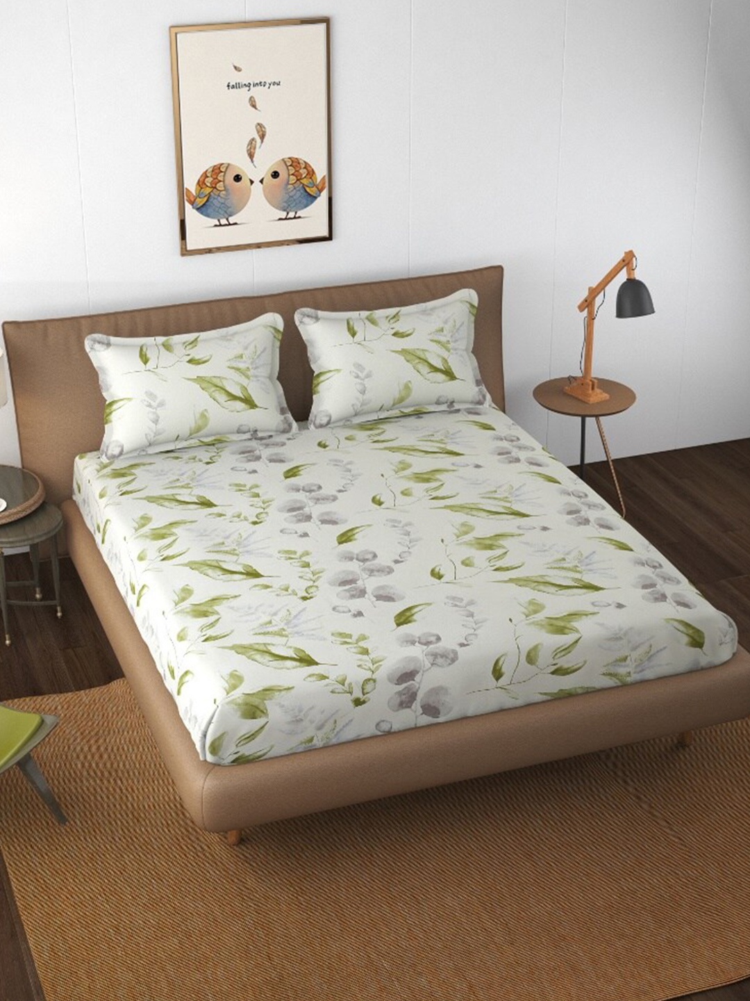 

ATRAENTA White & Green Floral 210 TC Fitted Queen Bedsheet with 2 Pillow Covers
