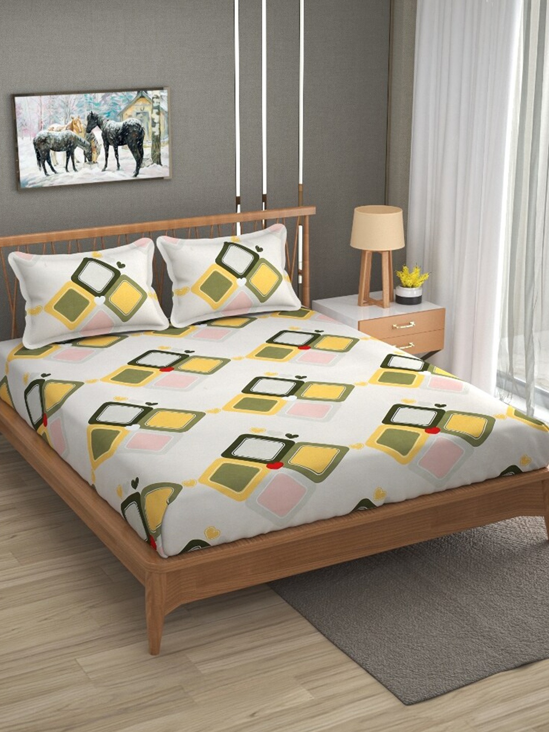 

ATRAENTA White & Yellow 210 TC Fitted Queen Bedsheet with 2 Pillow Covers