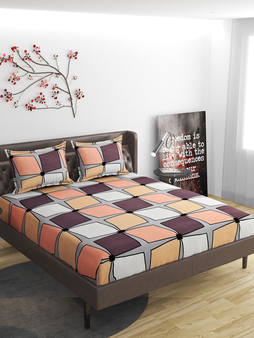 

ATRAENTA Grey & Peach-Coloured Geometric 210 TC Fitted Queen Bedsheet with 2 Pillow Covers