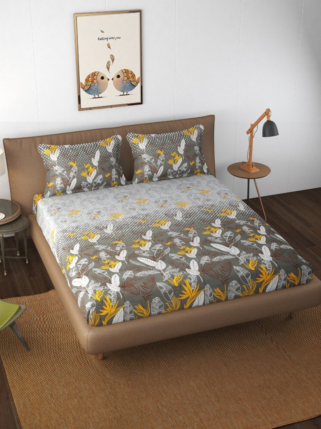 

ATRAENTA Brown & Yellow Floral 210 TC Fitted Queen Bedsheet with 2 Pillow Covers