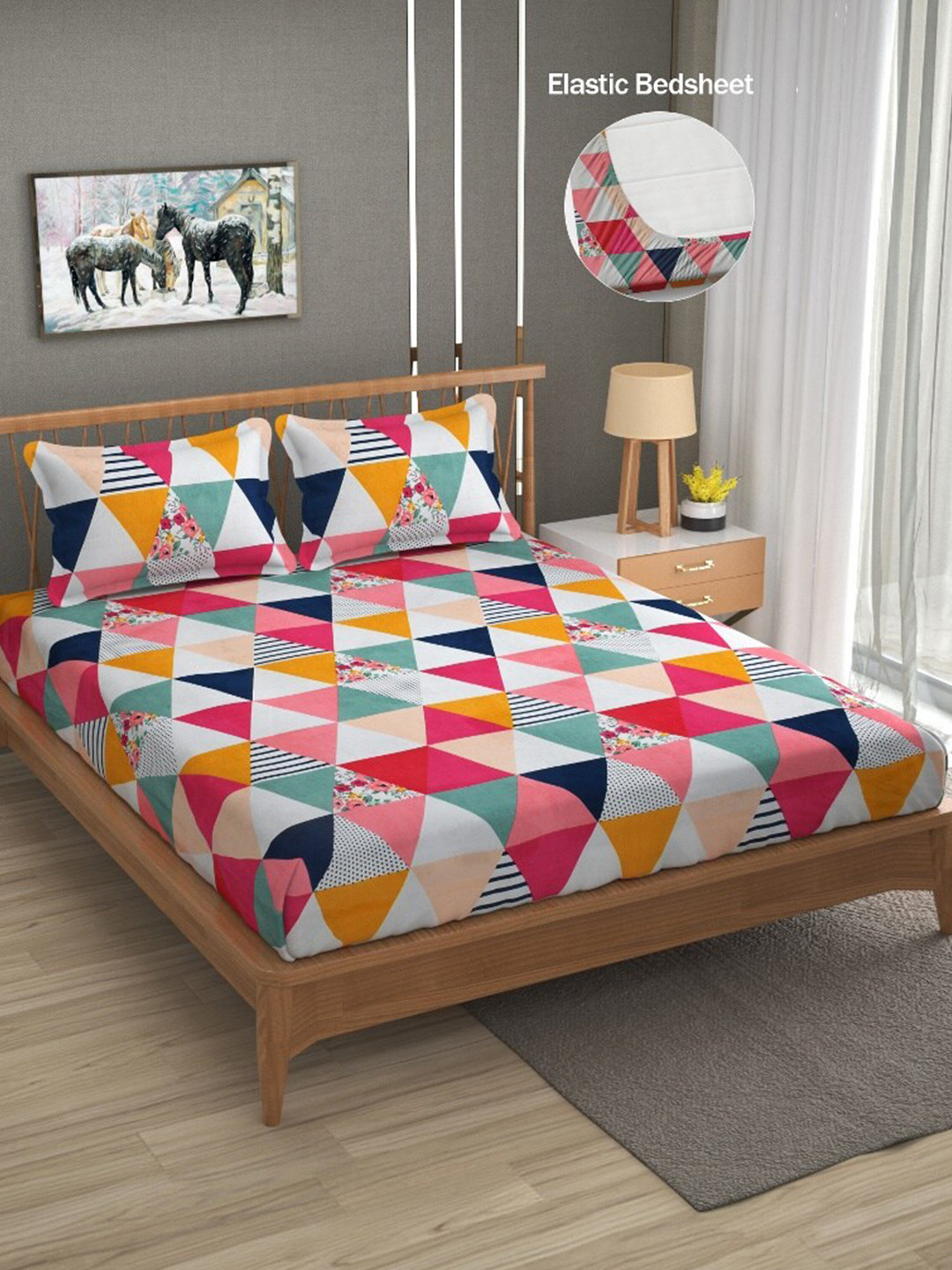 

ATRAENTA White & Pink Geometric 210 TC Fitted Queen Bedsheet with 2 Pillow Covers