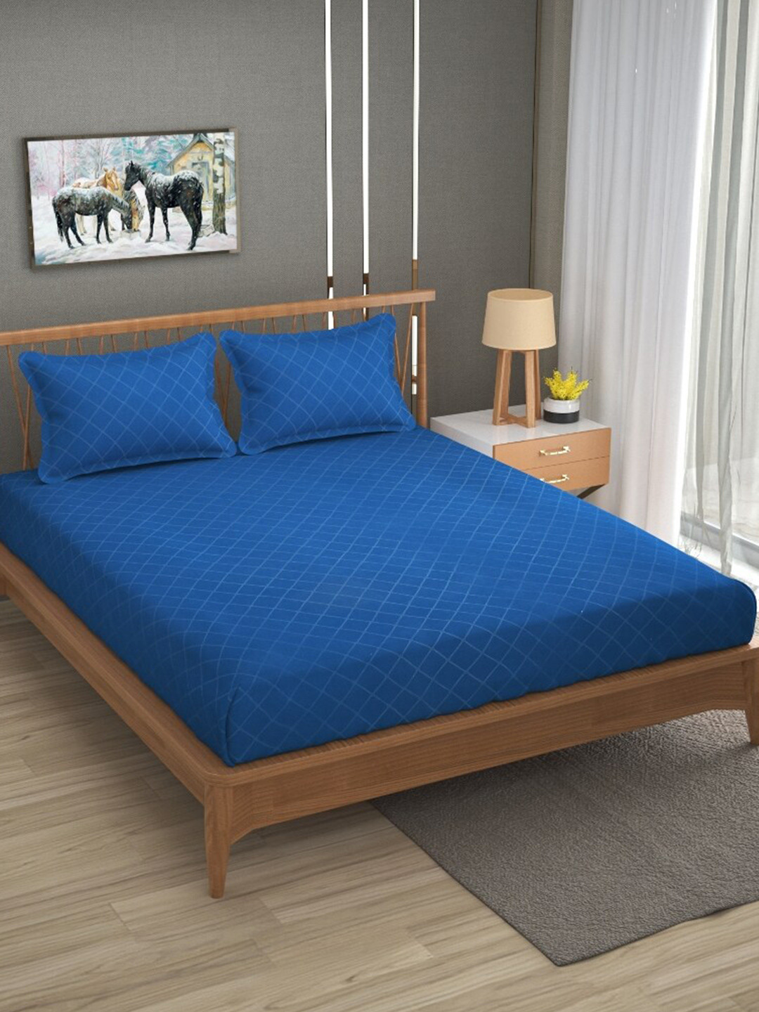 

ATRAENTA Blue Geometric 210 TC Fitted Queen Bedsheet with 2 Pillow Covers