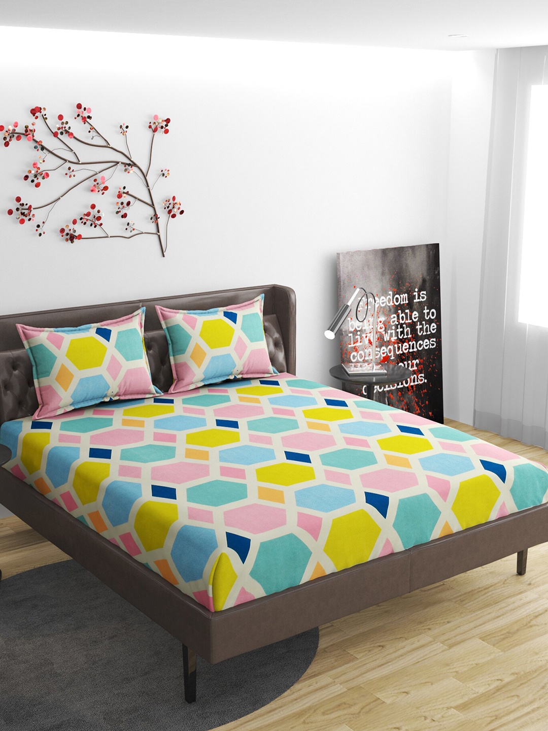 

ATRAENTA White & Yellow Geometric 210 TC Fitted Queen Bedsheet with 2 Pillow Covers