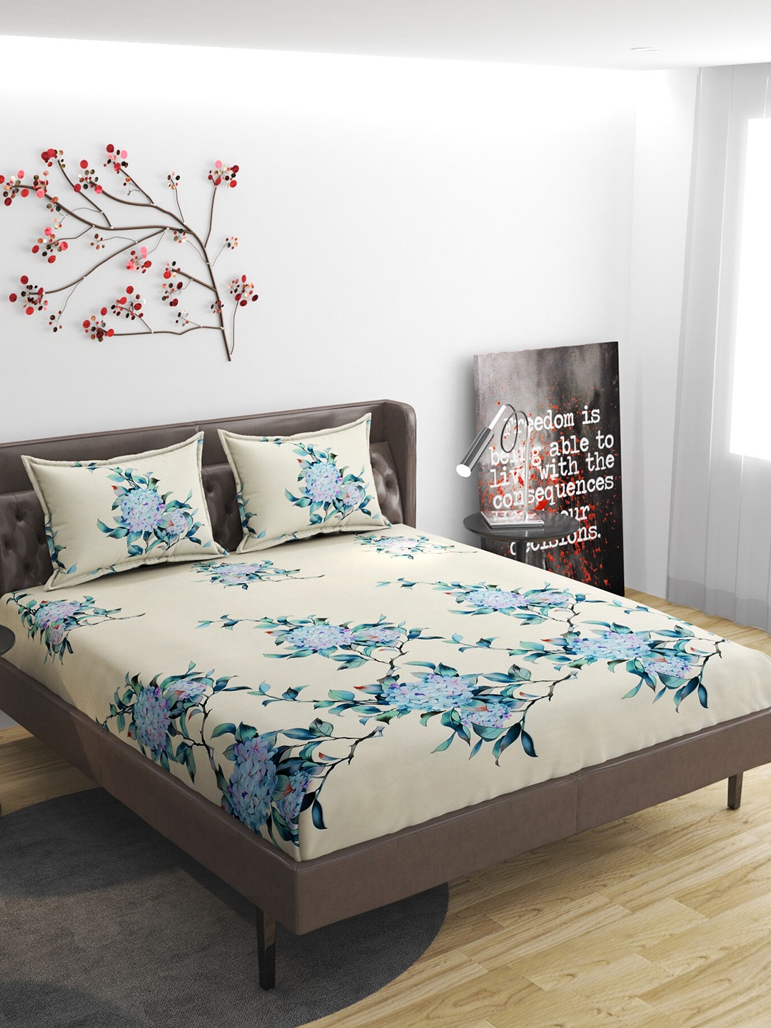 

ATRAENTA Cream-Coloured & Blue Floral 210 TC Fitted Queen Bedsheet with 2 Pillow Covers