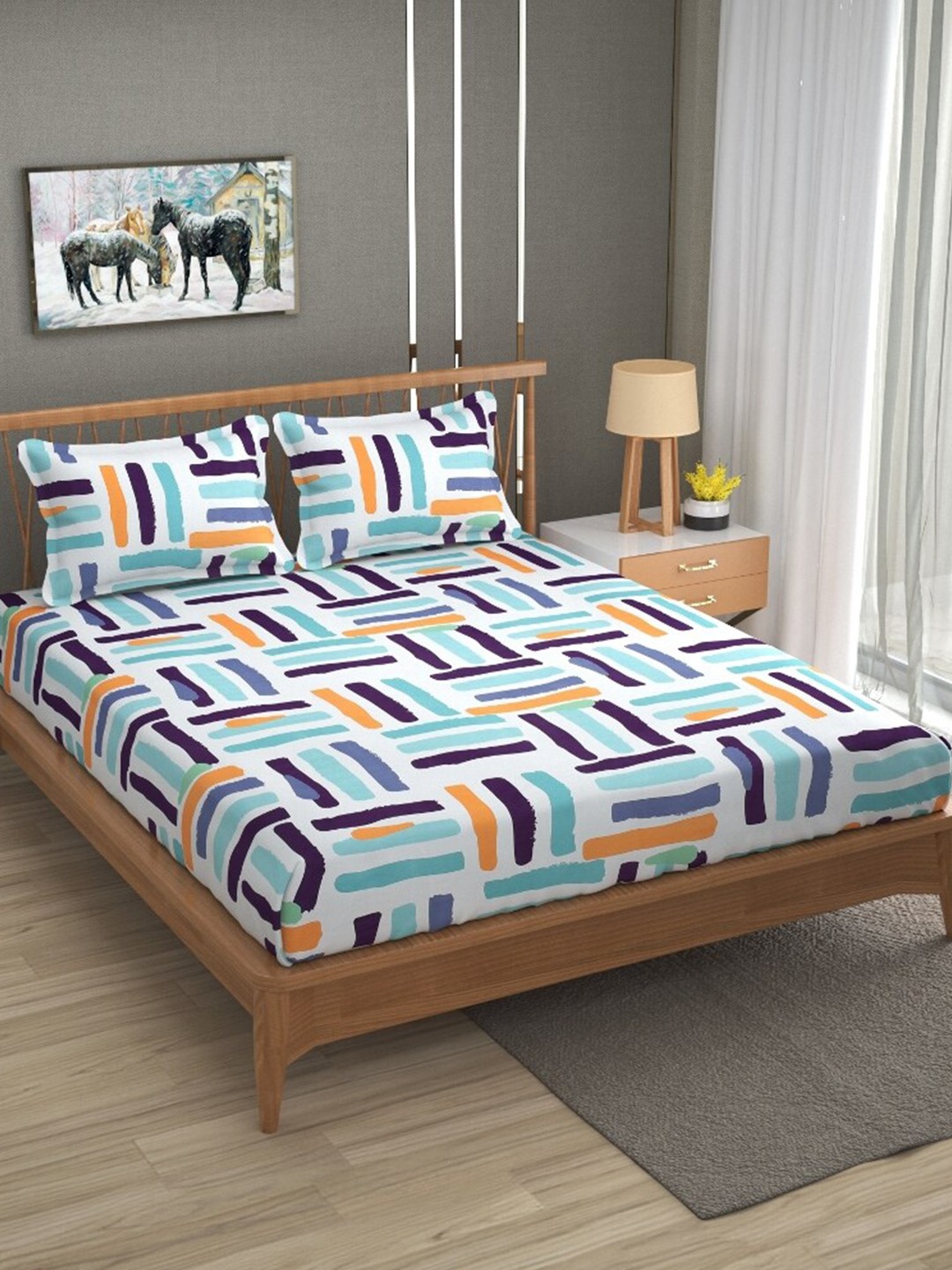 

ATRAENTA White & Blue Geometric 210 TC Fitted Queen Bedsheet with 2 Pillow Covers