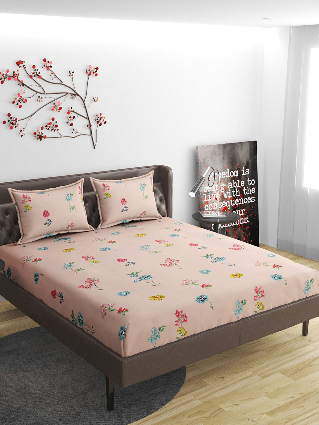 

ATRAENTA Pink & Blue Floral 210 TC Fitted Queen Bedsheet with 2 Pillow Covers