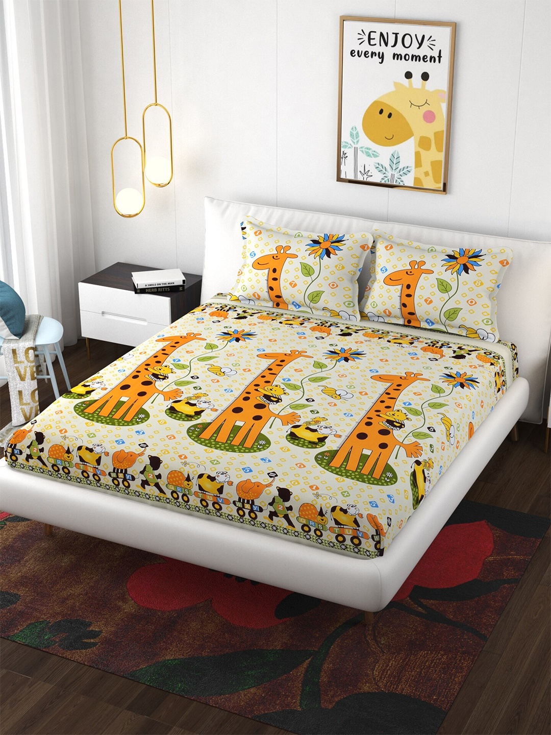 

ATRAENTA Yellow & Orange Conversational 210 TC Fitted Queen Bedsheet with 2 Pillow Covers