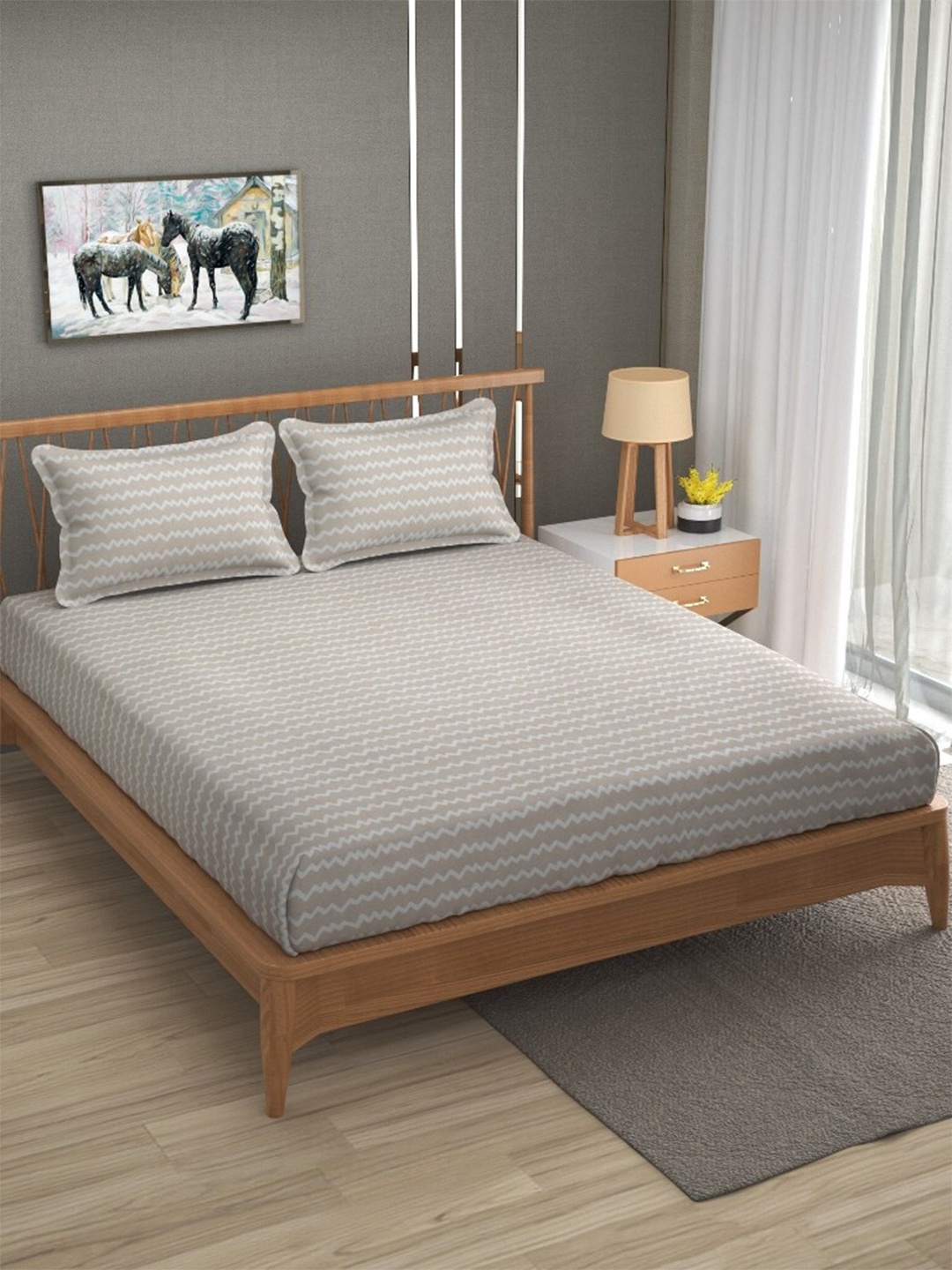 

ATRAENTA Brown & Beige Striped 210 TC Fitted Queen Bedsheet with 2 Pillow Covers