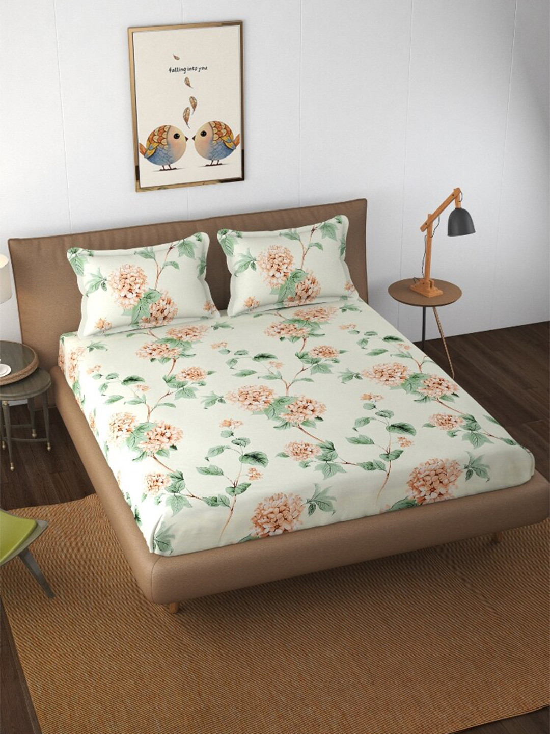 

ATRAENTA Off White & Green Floral 210 TC Fitted Queen Bedsheet with 2 Pillow Covers