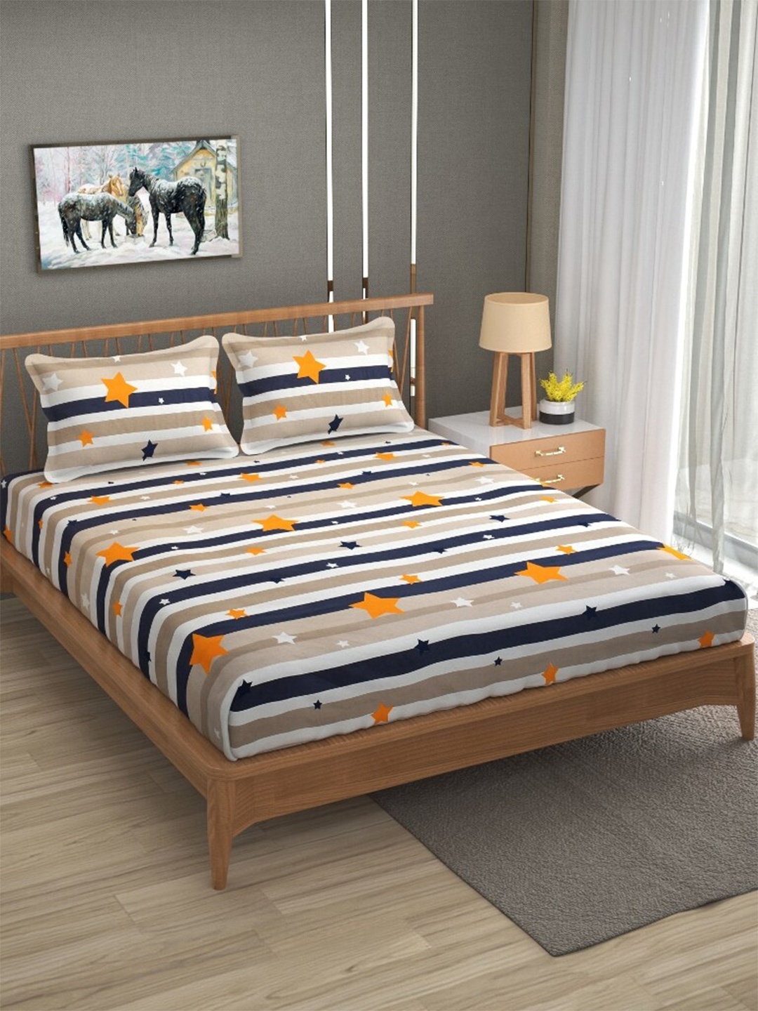 

ATRAENTA White & Brown Striped 210 TC Fitted Queen Bedsheet with 2 Pillow Covers