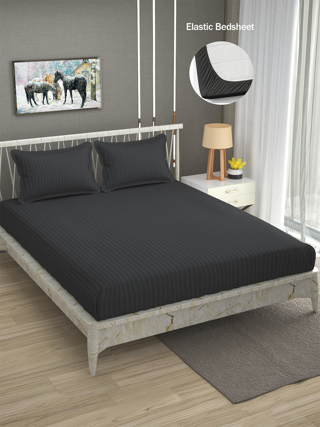 

ATRAENTA Charcoal Striped 210 TC Fitted Queen Bedsheet with 2 Pillow Covers