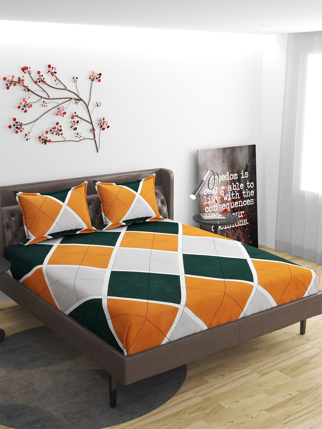 

ATRAENTA Grey & Orange Geometric 210 TC Fitted Queen Bedsheet with 2 Pillow Covers