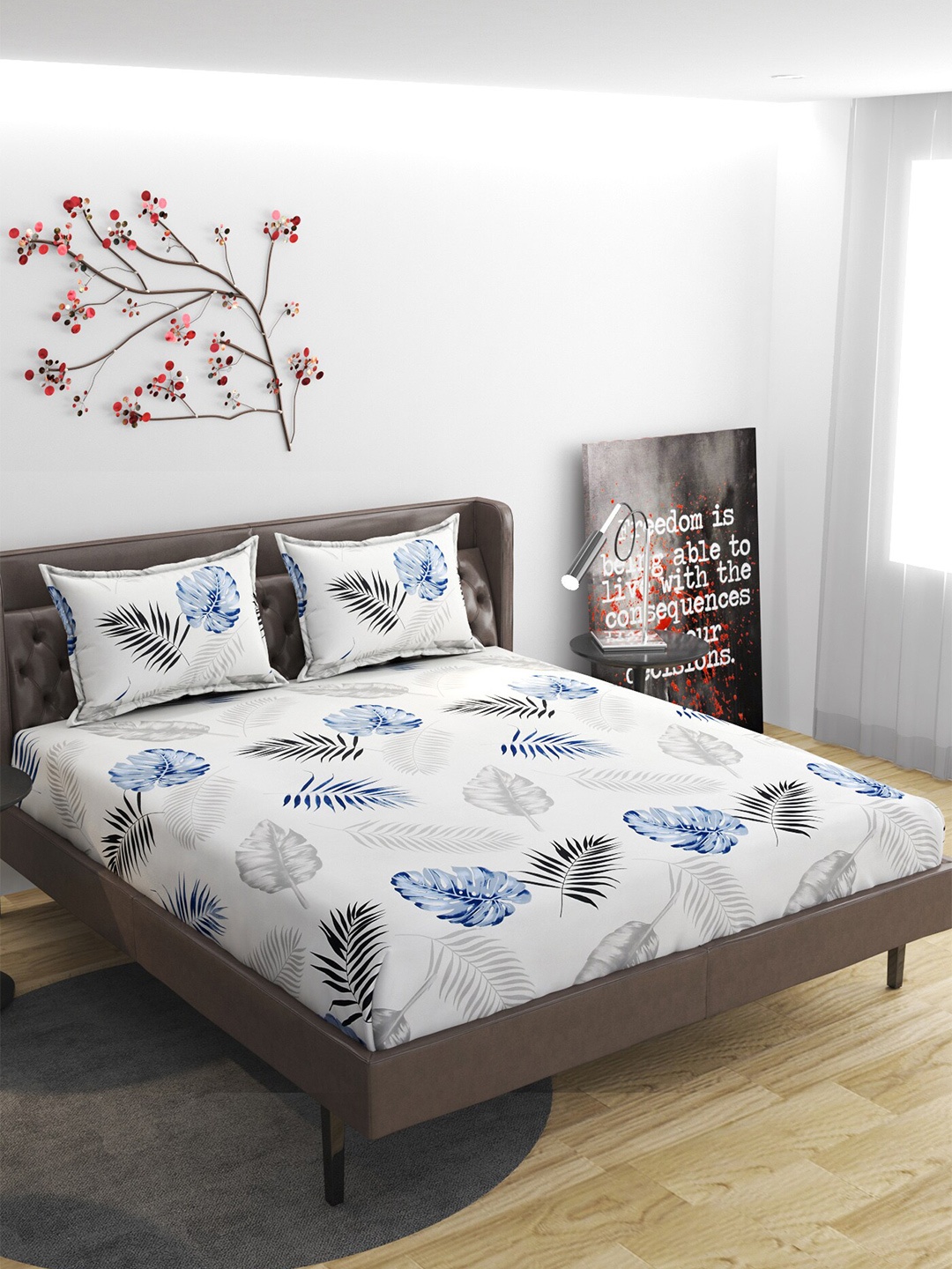 

ATRAENTA White & Blue Floral 210 TC Fitted Queen Bedsheet with 2 Pillow Covers
