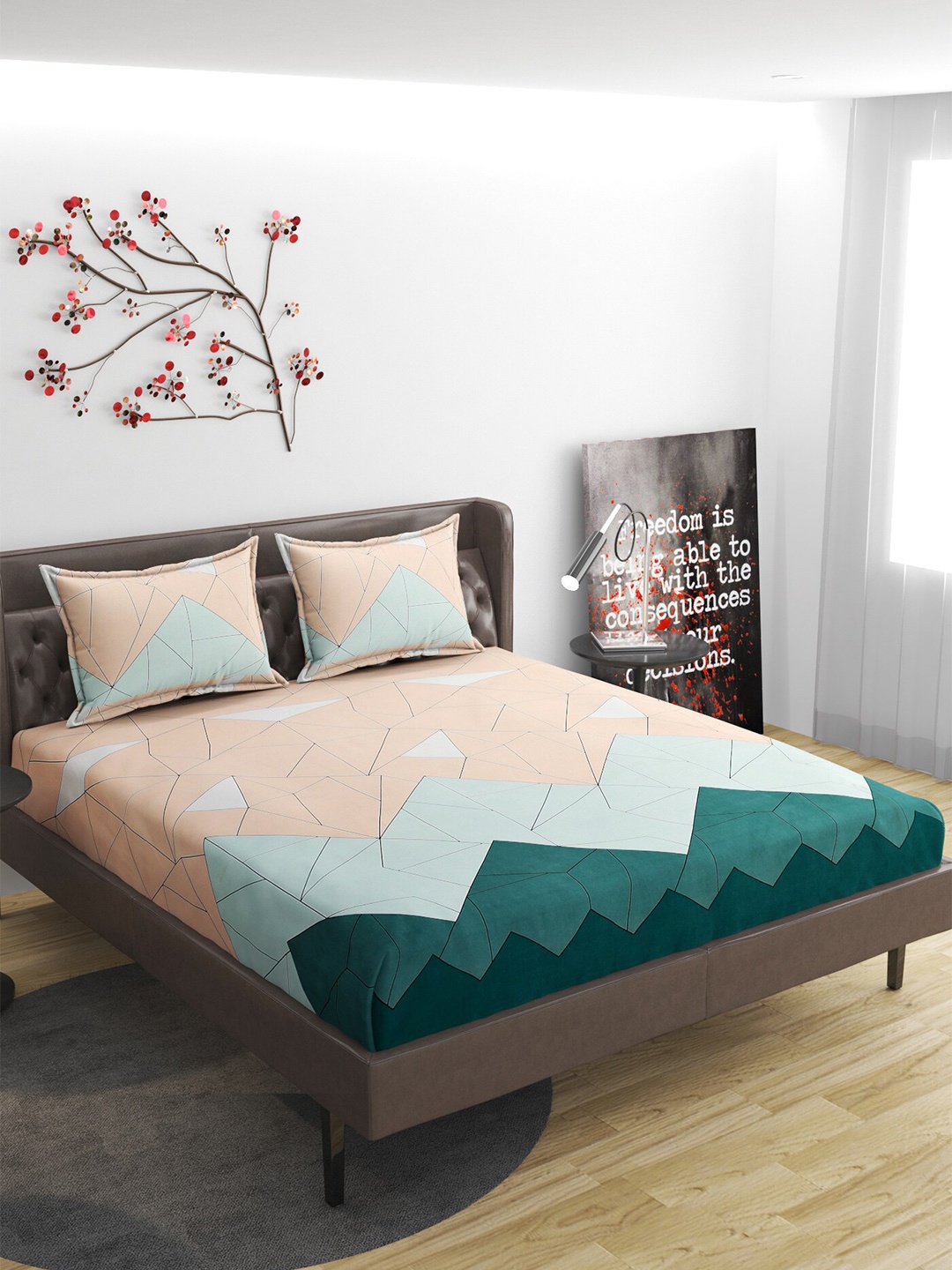 

ATRAENTA Pink & Green Geometric 210 TC Fitted Queen Bedsheet with 2 Pillow Covers