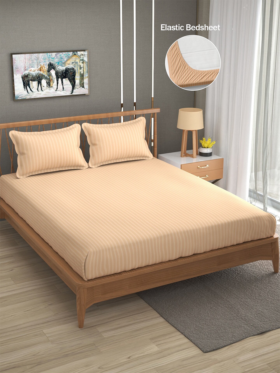 

ATRAENTA Peach-Coloured Striped 210 TC Fitted Queen Bedsheet with 2 Pillow Covers