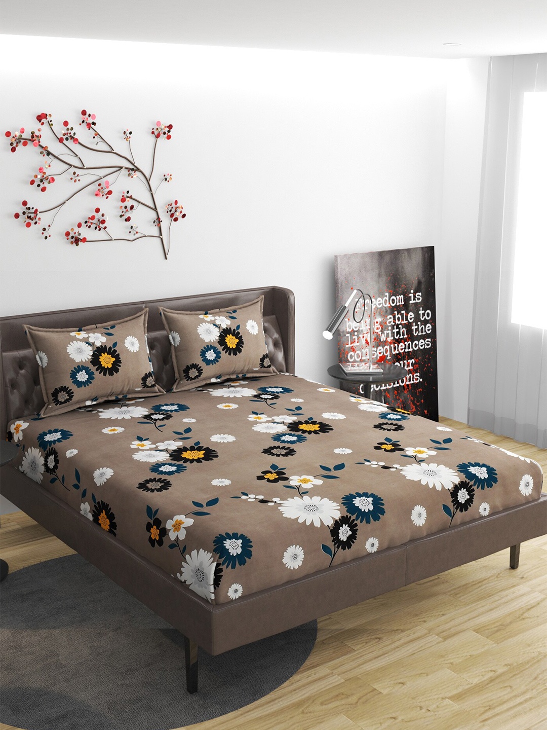 

ATRAENTA Brown & White Floral 210 TC Fitted Queen Bedsheet with 2 Pillow Covers